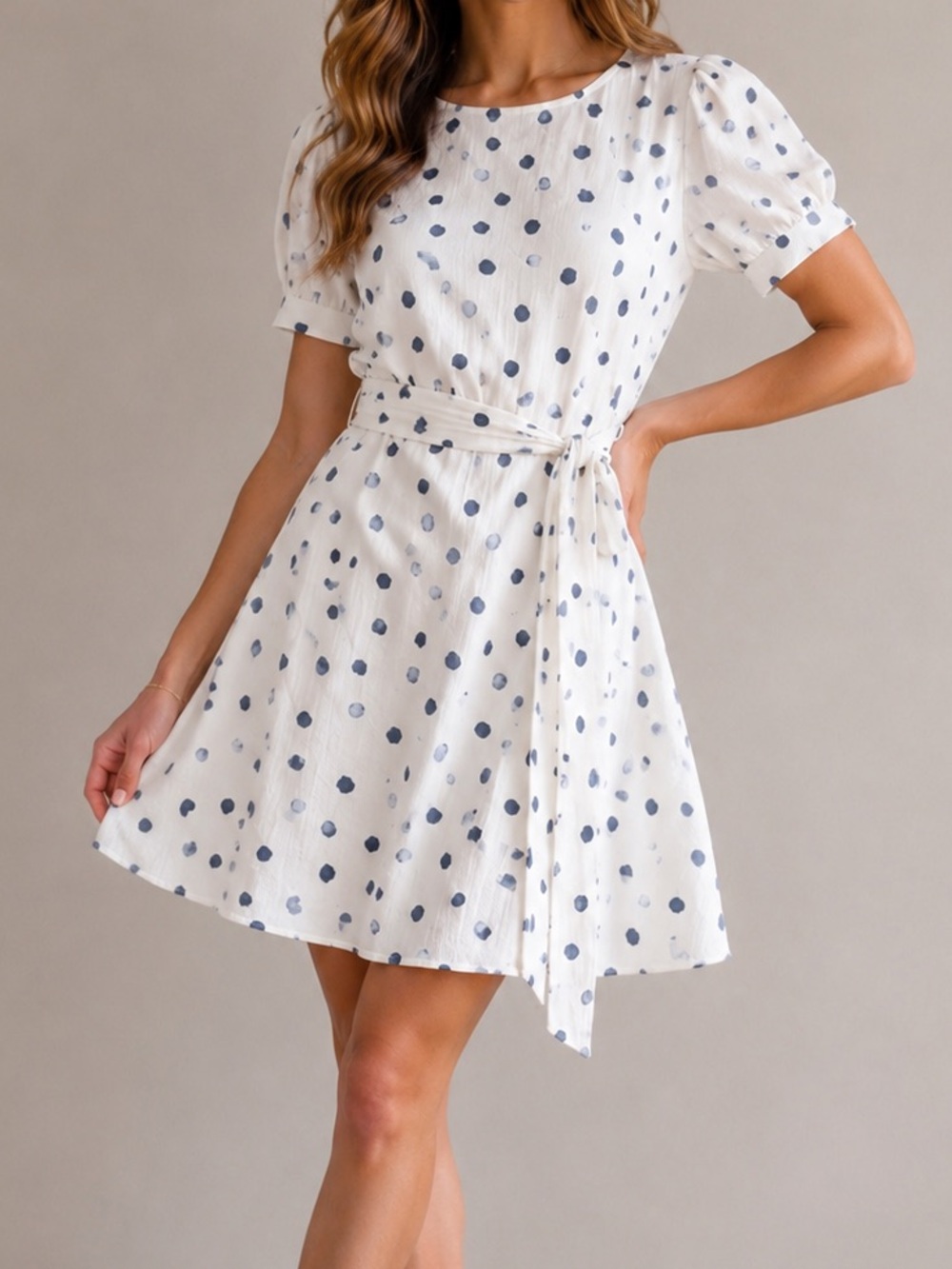 DKNY White summer Dress with Navy Dot Print and Tie Waist
